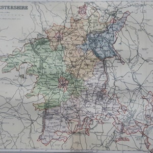 Mapa antiguo de Worcestershire de 1895. Mapa de condados ingleses. Cartografía. Impresión victoriana original. 128 años de antigüedad. Evesham, Droitwich, Malvern Hills.
