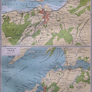 1902 Umgebung von Inverness und Umgebung von Oban Karte, Schottland. Antike Landkarten. 121 Jahre alt. Zwei Karten auf einer Seite. Kerrera & Muränen Förde.