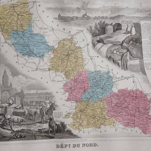 Département du Nord - 1861 Levasseur - colorié à la main - carte de France antique - Département 59 - Dunkerque, Lille, Cambrai ~ nord-est de la France