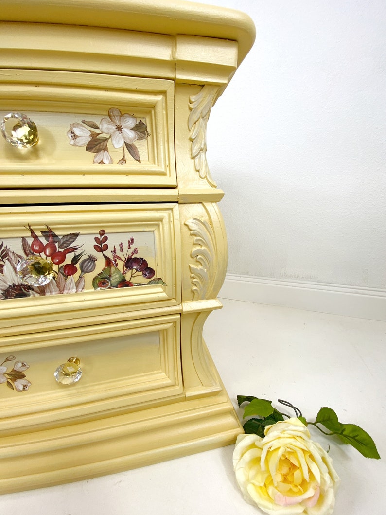 Vintage Yellow Nightstand Floral Details Drawers Etsy