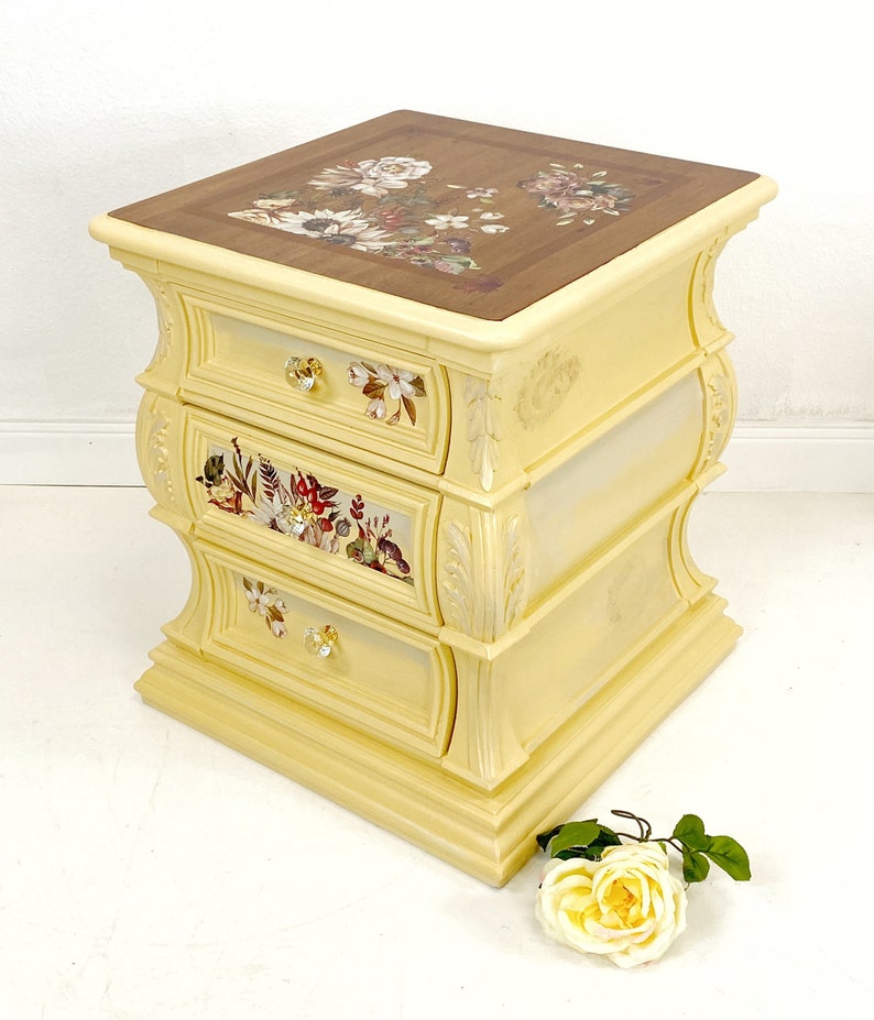 Vintage Yellow Nightstand Floral Details Drawers Etsy