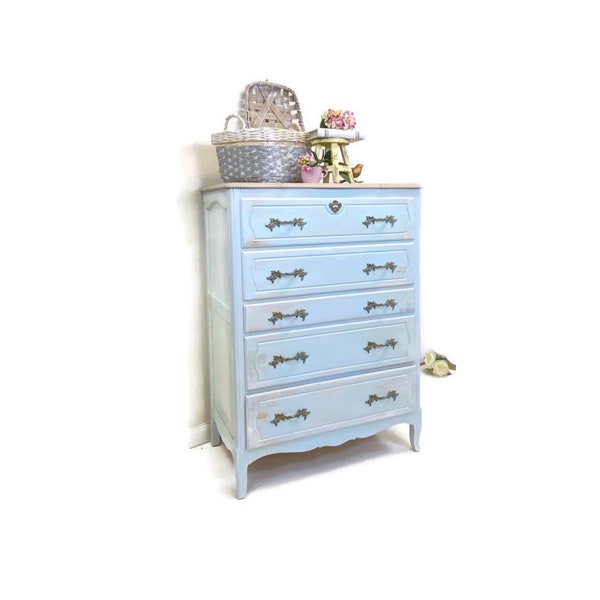 French Country Farmhouse dresser chest with jewelry storage. Shades of blue Rustic