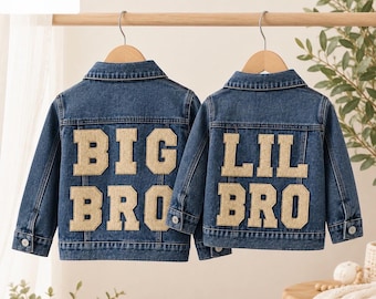 Jassen voor grote en kleine broer, outfits voor grote en kleine broer, bijpassende kinderjassen, spijkerjas voor broer, outfit voor zwangerschapsaankondiging, peuteroutfit