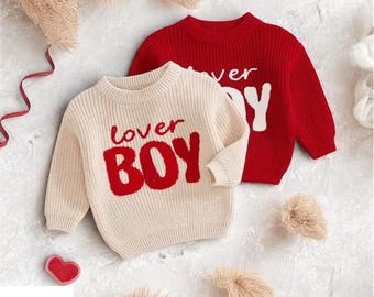 Lover Boy Kids Sweater,Toddler Boy Valentine’s Sweater,Sweaters for Valentine’s Day,Red Knit Sweaters,Valentine’s Day Outfit