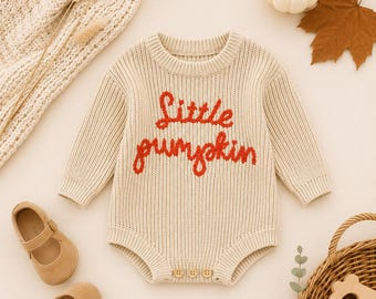 Little Pumpkin Knit Baby Romper | Fall Baby Outfit | Thanksgiving Baby Sweater | Neutral Baby Romper | Cozy Autumn Baby Bodysuit