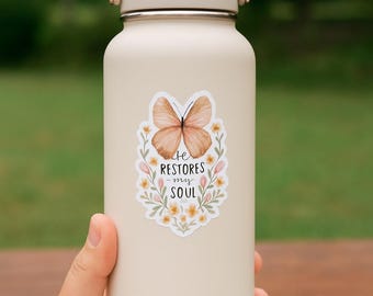 He Restores My Soul Sticker – Psalm 23:3 – Christian Butterfly Vinyl Decal – Waterproof, Weatherproof, Dishwasher Safe