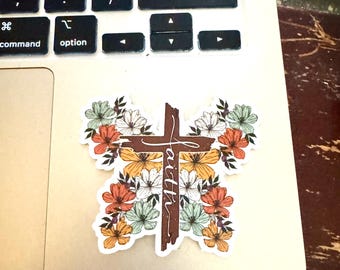 Faith Cross Floral Sticker – Waterproof Christian Vinyl Decal – Weatherproof, Dishwasher Safe – Faith-Based Aesthetic