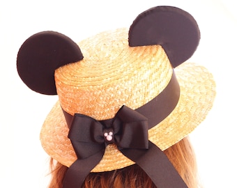 Chapeau de paille Canotier avec noeud en perles Mickey