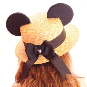 Chapeau de paille Canotier avec noeud en perles Mickey image 1