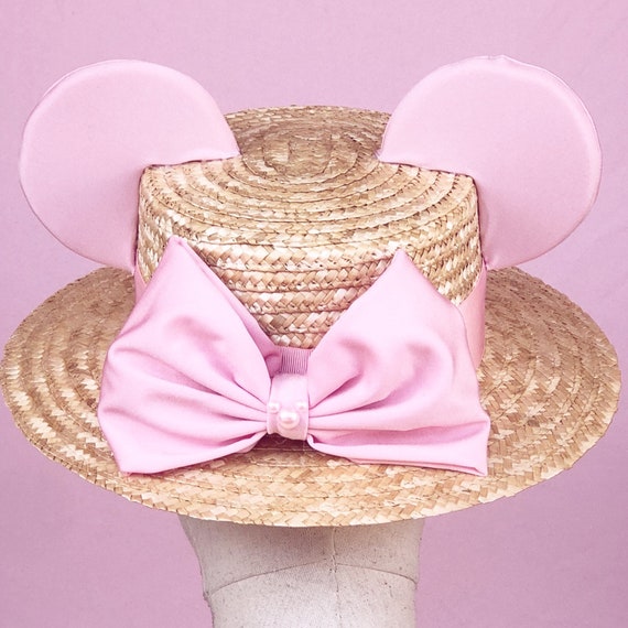 Pink BIg Bow Canotier Straw Hat with Mickey pearl