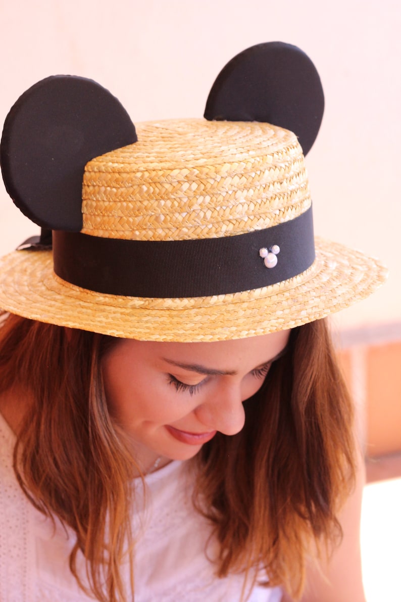 Chapeau de paille Canotier avec noeud en perles Mickey image 5