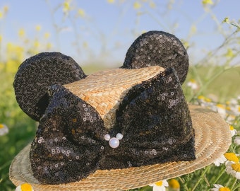 Black sequin Canotier Straw Hat