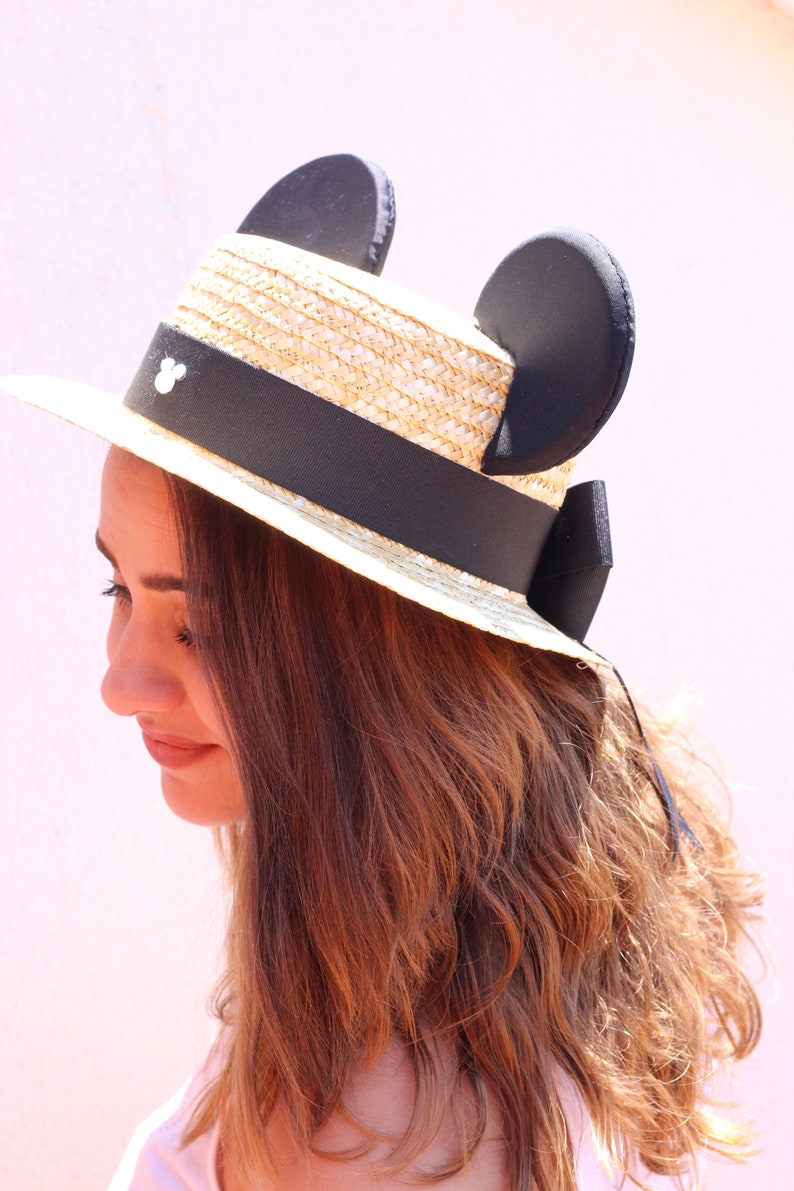 Chapeau de paille Canotier avec noeud en perles Mickey image 3