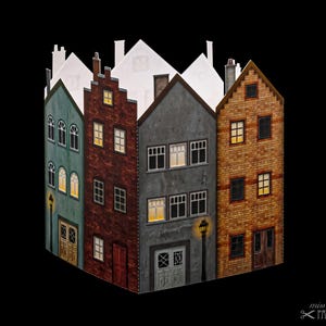 Op de afbeelding: Een papieren model van een rij kleurrijke huizen in Europese stijl tegen een zwarte achtergrond. De huizen zijn geschilderd in tinten van blauwgroen, baksteenrood, grijs en bruin, met witte daken en verlichte ramen. De tekst "miss kitty's PAPER ODDITIES" is inbegrepen.