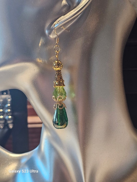 Light green Swarovski crystal with deep green carnival glass earrings