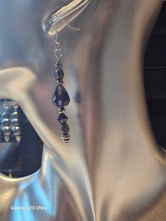 Purple  and silver Crystal drop earrings