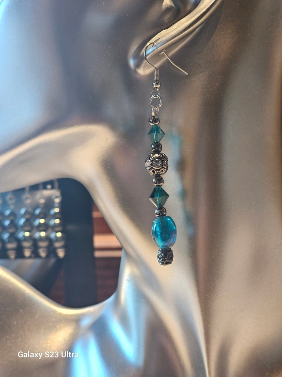 Carnival iridescent blue and black rhinestone bead earrings