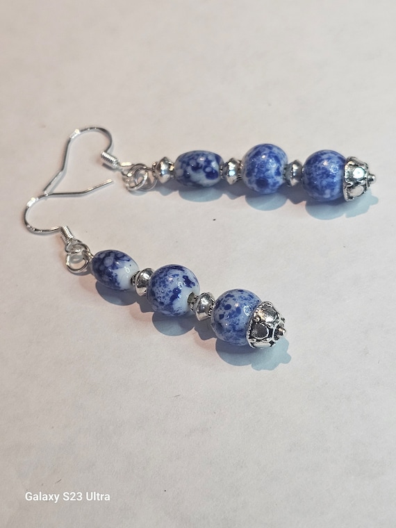 Earrings: Vintage  cobalt Blue Speckled  beads. 2 inch droop