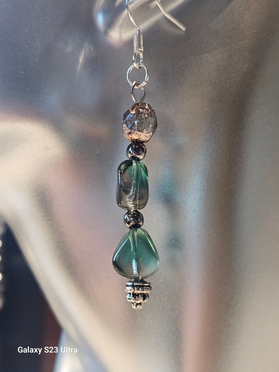 Emerald Green pressed glass and copper earrings
