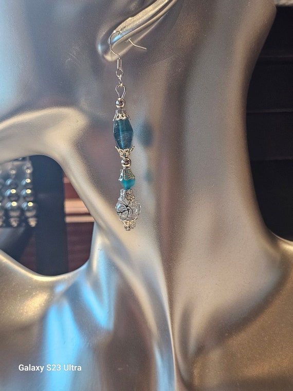 Turquoise and cracked silver glass earrings