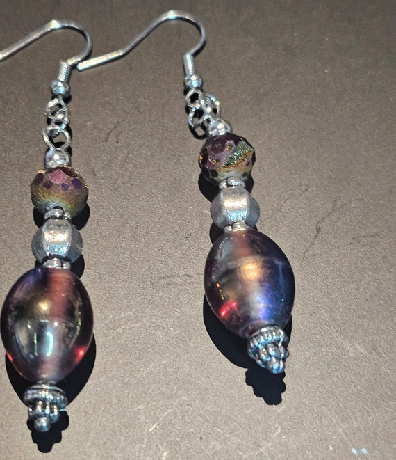 Iridescent carnival glass with silver bead earrings