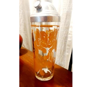 Vintage Hazel Atlas Cocktailshaker aus Glas mit tanzenden rosa Elefantenmotiv, Retro-Stil, 1948