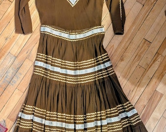 Vintage 1950s Patio Dress Set | Trego's Westwear Western Outfit | Brown Southwestern Skirt & Blouse | Rockabilly Cowgirl Two Piece