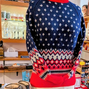Vintage Nordic Wool Sweater – Red, Navy & White Fair Isle Pattern