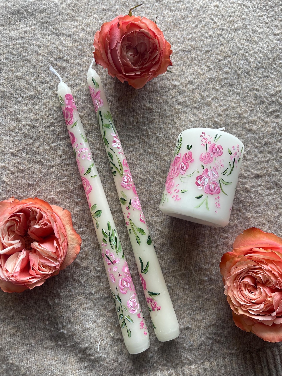 Hand Painted Roses Floral Taper Candles - Set of 2- Pink - Etsy