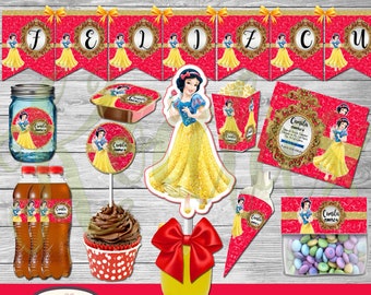 Blanca Nieves Glitter Kit Imprimible editable [KIT en ESPAÑOL] Invitación/Toppers/ Etiquetas / Banderines #DIY