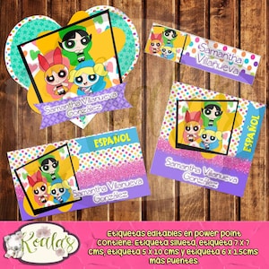 Puede incluir: Un conjunto de etiquetas de favor de fiesta imprimibles con los personajes de dibujos animados de las Chicas Superpoderosas. Las etiquetas son de color rosa, amarillo, azul y verde con lunares blancos. El texto en las etiquetas dice "Samantha Villanueva Gonzalez" y "ESPANOL".