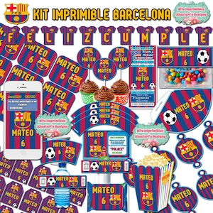 Pu&ograve; includere: Un kit di festa stampabile con il logo della squadra di calcio del FC Barcelona e il nome "Mateo" in rosso, blu e giallo. Il kit include uno striscione, decorazioni per cupcake, sacchetti regalo e altre decorazioni.