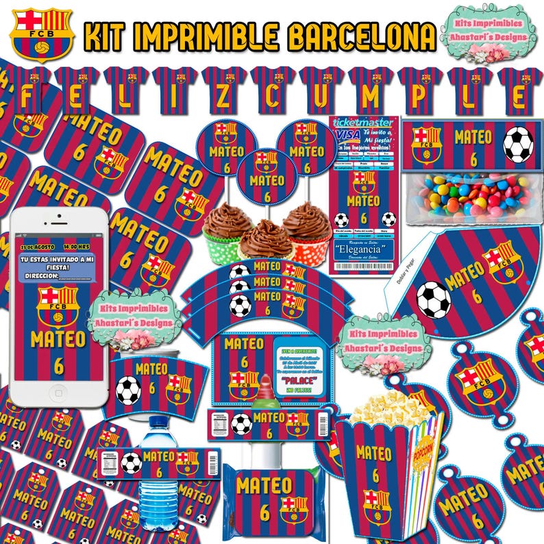Pu&ograve; includere: Un kit di festa stampabile con il logo della squadra di calcio del FC Barcelona e il nome "Mateo" in rosso, blu e giallo. Il kit include uno striscione, decorazioni per cupcake, sacchetti regalo e altre decorazioni.