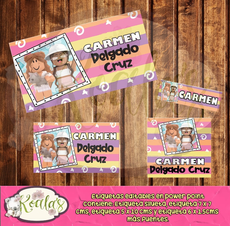 Puede incluir: Descarga digital imprimible de etiquetas editables con una ni&ntilde;a de dibujos animados con una camisa a rayas rosa y amarilla y un sombrero de construcci&oacute;n blanco. Las etiquetas incluyen el texto "CARMEN Delgado Cruz" en un esquema de color rosa y amarillo. Las etiquetas est&aacute;n dise&ntilde;adas para usar en power point e incluyen varios tama&ntilde;os.