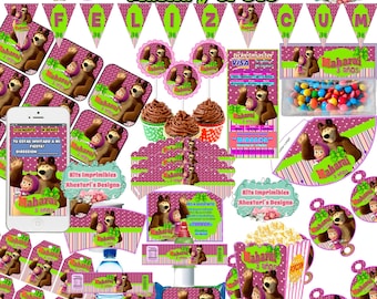 Kit stampabile modificabile Masha e Orso + decorazioni per il tavolo dei dolci (tavolo dei dolci), involucri, inviti, gagliardetti #fai-da-te