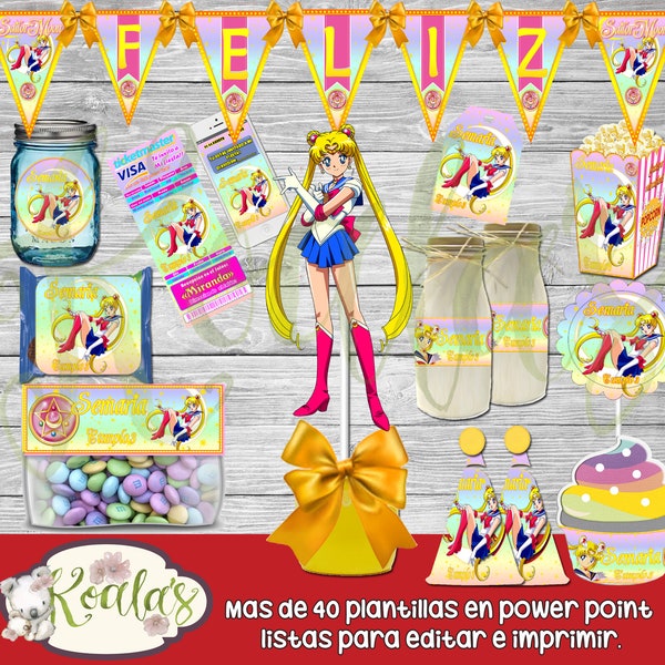 Sailor Moon Printable Editable Kit + candy bar toppers wrappers invitations pennants #DIY