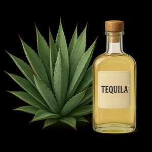 May include: A bottle of tequila with a wooden stopper and a label that reads "TEQUILA". The bottle is filled with a golden liquid. A green agave plant is to the left of the bottle, set against a black background.