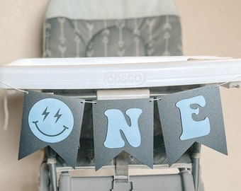 One cool Dude High Chair banner smiley face one highchair banner first birthday happy face baby chair banner retro 1st birthday banner blue
