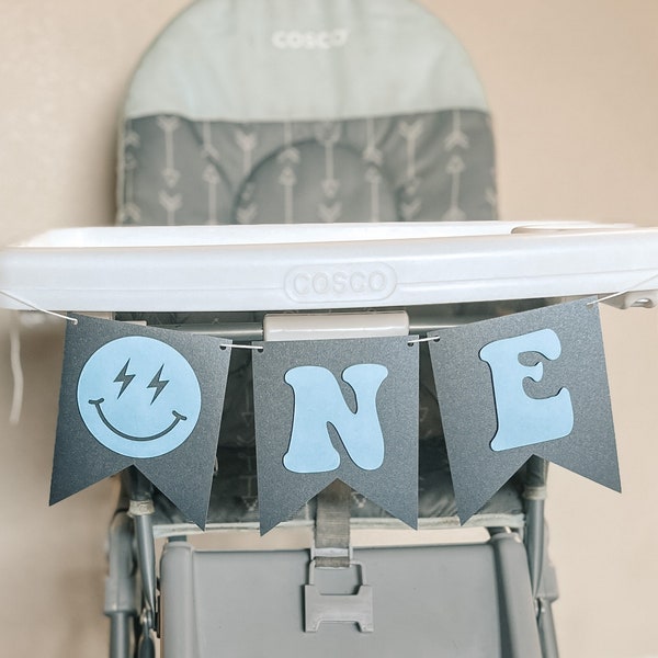 One cool Dude High Chair banner smiley face one highchair banner first birthday happy face baby chair banner retro 1st birthday banner blue