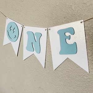 One Happy Dude High Chair banner smiley face one blue white banner first birthday happy face baby chair banner boy blue 1st birthday banner