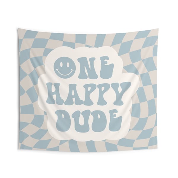 Neutral dusty blue One happy dude backdrop wall hanging checker first birthday boy blue party decor party banner smiley face backdrop