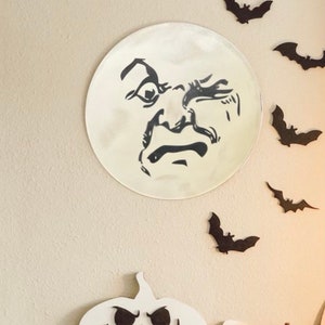 Angry Moon Face Wood Sign, Size variations available. Halloween decor, moon decor, moon face, halloween moon