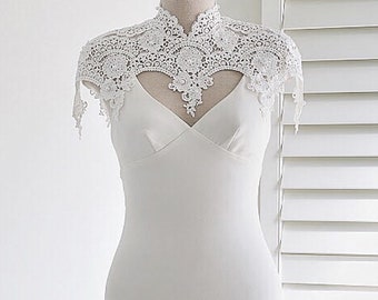 Bridal beaded lace shoulder capelet Wedding cover up Guipure embroidered short cape Pearl embellished floral cape