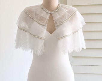 Short bridal lace cape/Off white wedding capelet with pleated tulle trim