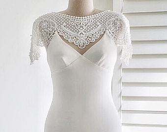 Wedding cover up/ Bridal beaded lace cape/ Crocheted wedding capelet/ Bridal beaded shoulder capelet