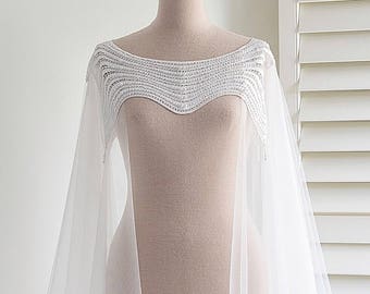 Off white wedding cape Bridal cape Beaded bridal cover up Beaded wedding dress cover Short bridal cape Sheer romantic cape Embellished tulle