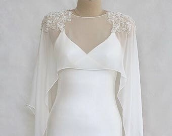 Bridal cape hand beaded silk georgette Off white bridal capelet Wedding cape Beaded cape Beaded capelet Bridal cover up Bridal train