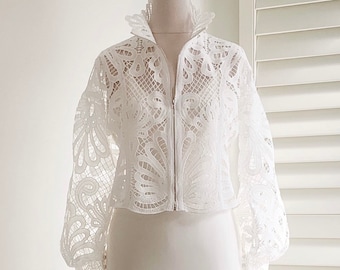 Bridal zipped eyelet lace jacket Boho wedding bolero