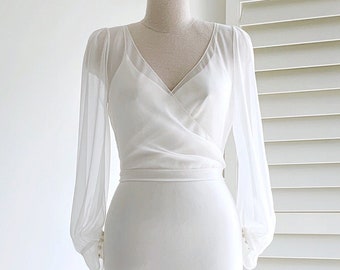 Wedding wrap top with long sleeves/ Silk bridal bolero jacket/ Bridal cover up