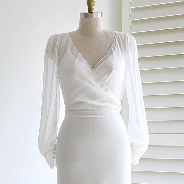 Wedding wrap top with long sleeves/ Silk bridal bolero jacket/ Bridal cover up